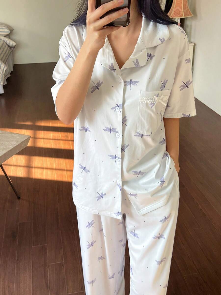 DAZY Women's Dragonfly Polka Dot Print Pajama Set - Mauve Purple - View 1