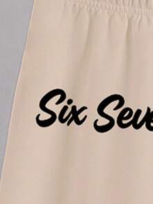 SHEIN Coolqubz 2pcs/Set Boys Casual Stylish Creative Personalized Refreshing High-End Simple Numeric 67 Striped Black & Beige Graphic Letter Slogan Print Relaxed T-Shirt And Shorts Set, Comfortable Daily Wear, Suitable For Spring, Summer, Autumn Boy 7y Clothing Boy Jersey Outfits Big Boy Clothes Boy 2 Piece Set - Multicolor - View 5