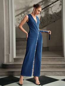 Selenza Women's Rhinestone Embellished Buckle Waist Sleeveless Fashionable Denim Jumpsuit - Dark Wash - View 6