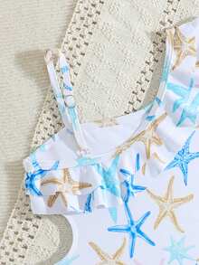 小女孩可爱针织海星印花不对称领口吊带海洋风连体泳衣 - 彩色 - 查看 5