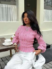 Siren Gaze Women's Striped Print Long Sleeve Shirt - Pink - View 4