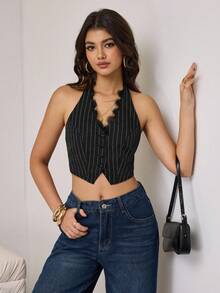 Aidyla 女士蕾丝边V领条纹背心 - 黑色 - 查看 5