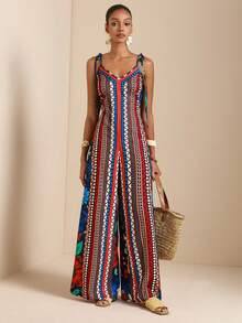 SHEIN Veneréa 女士夏季度假风拼接几何印花打结露肩宽松阔腿连体裤