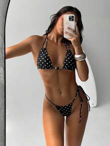 Aloruh 女士新款波点串珠比基尼套装，优雅性感浪漫复古设计，可调节肩带，女士沙滩装，女士度假装 - 黑與白 - 查看 7
