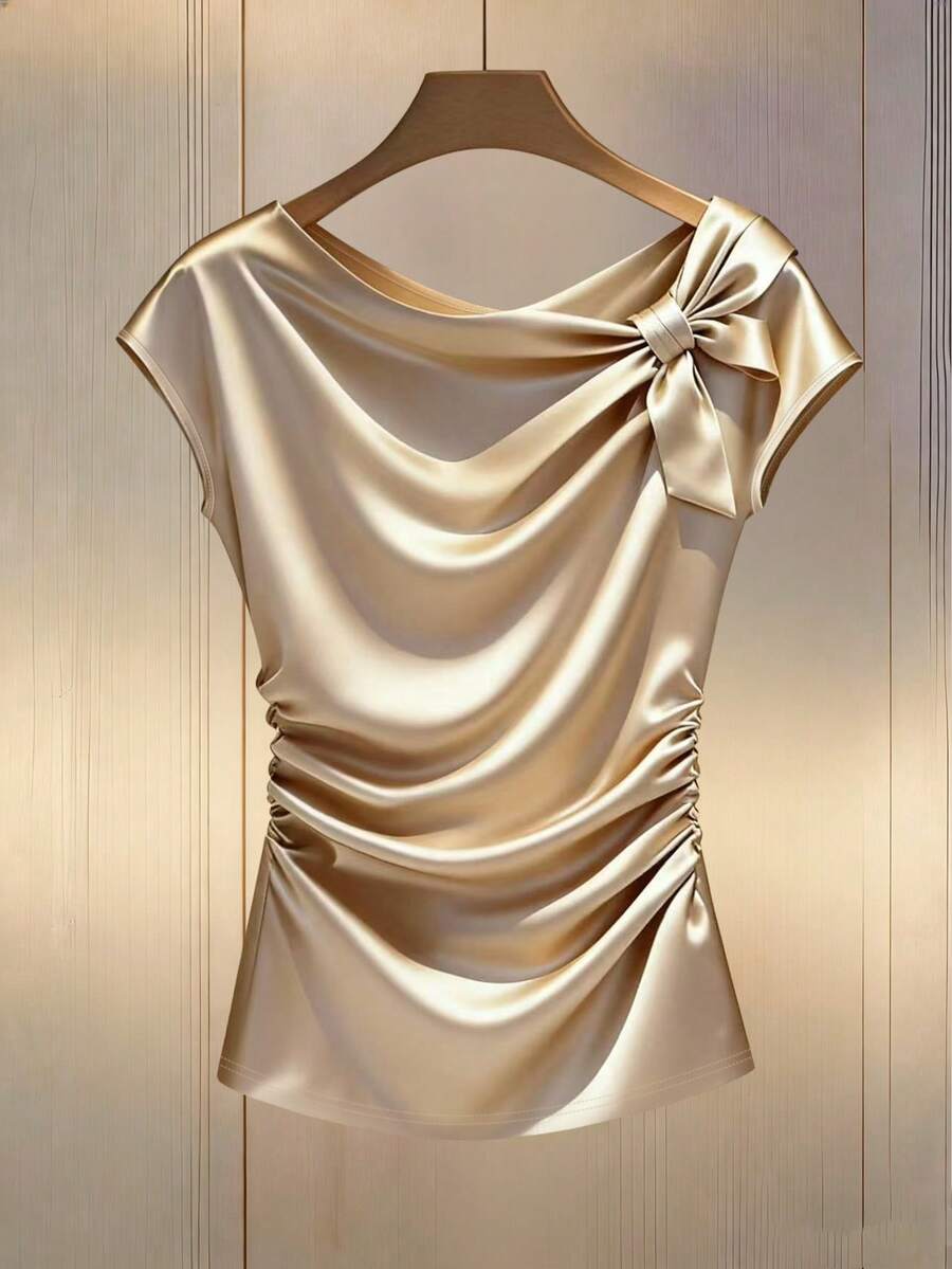 Franclia 女士垂褶打结优雅时尚吊带背心，夏季 - 杏色 - 查看 1