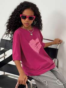 Dazy Kids Tween Girls' Round Neck Printed Short Sleeve Casual T-Shirt Spring Long Sleeve Tops Women - Hot Pink - View 6