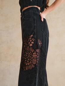 Anewsta Women's Fashionable, Luxurious, Sexy Side Cutout Embroidered Romantic Party Vacation Black Straight Leg Jeans, Spring/Summer - Black - View 1