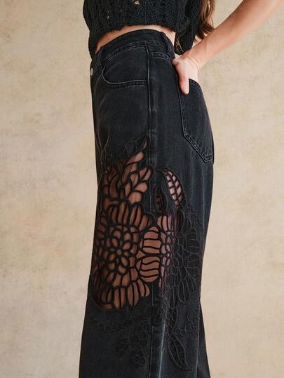 Anewsta Women's Fashionable, Luxurious, Sexy Side Cutout Embroidered Romantic Party Vacation Black Straight Leg Jeans, Spring/Summer