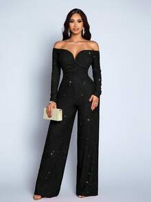 SOLERSUN Women's Fashionable Elegant V-Neck Off Shoulder Long Sleeve Party Night Club Sparkly Fabrics Jumpsuits, Suitable For Christmas Party Valentine's Day Dating - Black - View 7