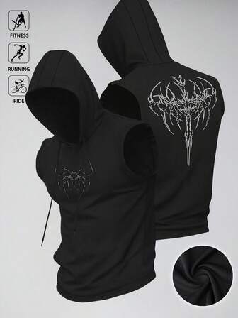 Manfinity Sport Polished Camiseta de tirantes con capucha y cordón estampada para hombre, para correr, hacer ejercicio, ciclismo