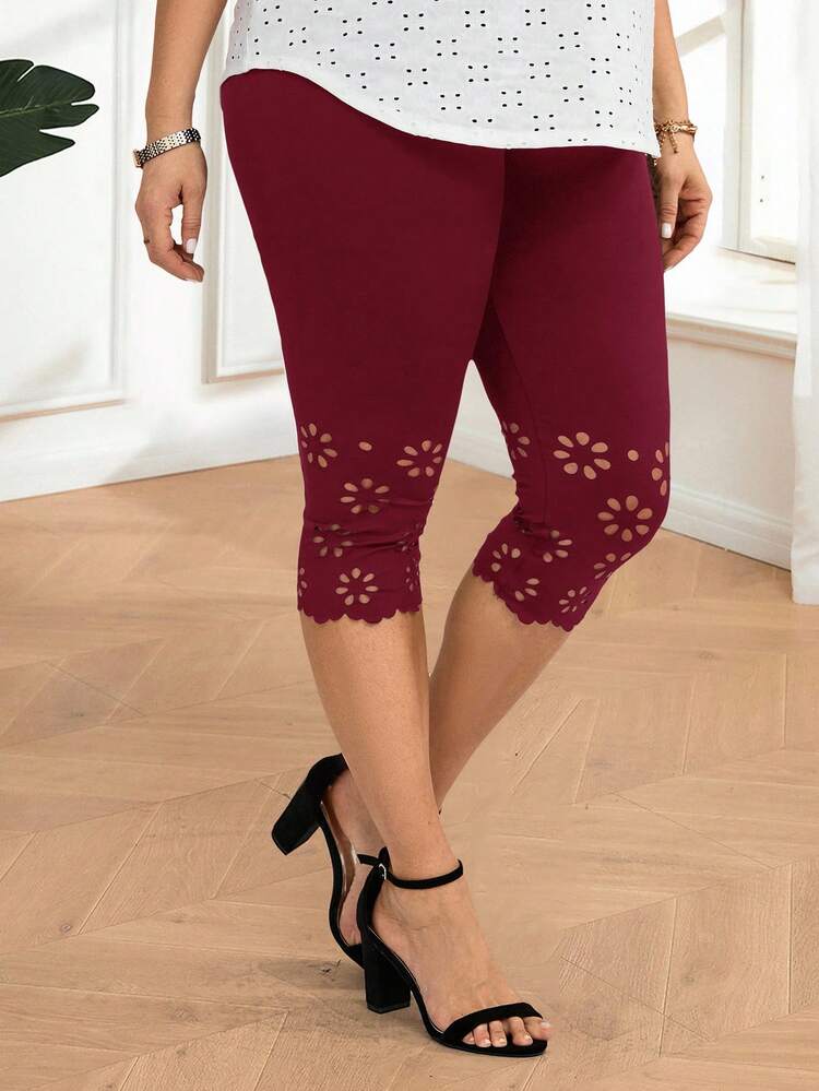 Plus Size Women's Summer Casual Vacation Solid Color Red Elastic Waist Hollow Out Cropped Leggings,Spring Break, Vacation Women, Holiday For Women,Going Out,2026 New,Simple And Fashionable For Everyday Wear, Plus Size Leggings
