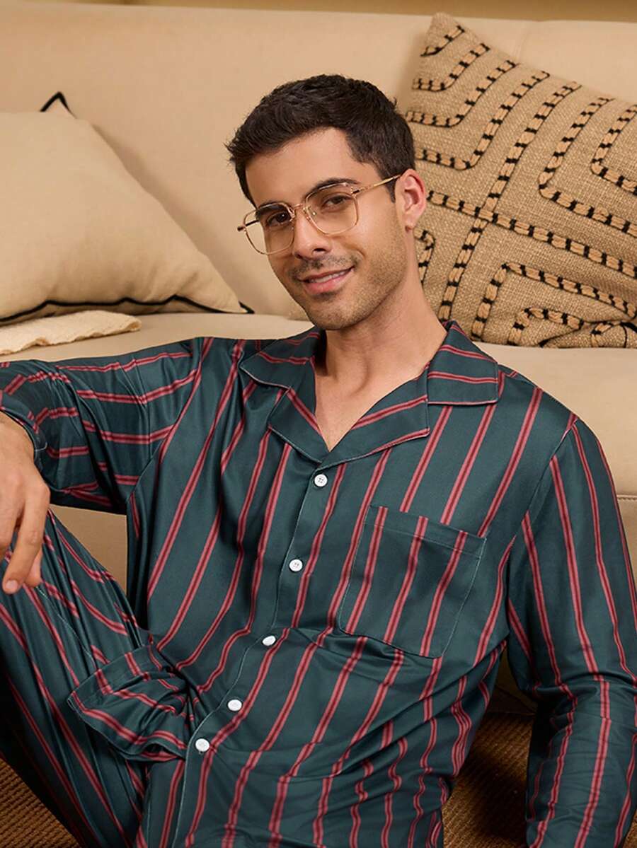 Velminro 男士长袖纽扣条纹休闲舒适透气睡衣套装 - 墨綠色 - 查看 1