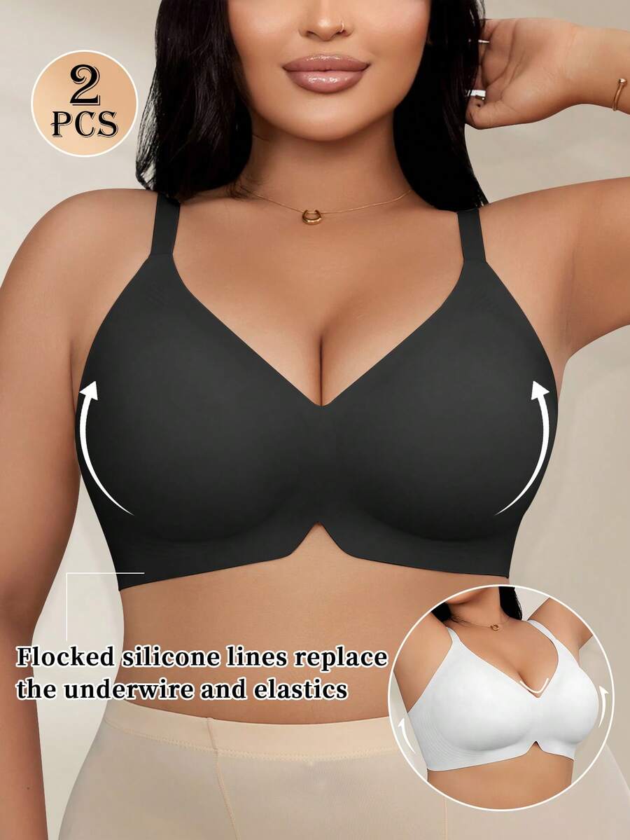 NudeFit 2pcs/Set Women's Seamless Wireless Bras, Soft Supportive Jelly Padded, Minimalist Solid Color Everyday Bras - Black and White - View 1