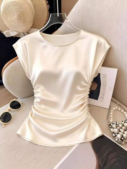 Franclia Women's Elegant Round Neck, Fitted Waist, Pleated Short Sleeve, Versatile Solid Color Light Apricot Shirt; High-Quality Satin Satin Fabric Shirt; White Satin Short Sleeve Shirt; White Shirt With Pleated Waist.Summer ,Summer Holiday Outfits,Spring, Spring Outfit Women, Valentine's Day,Valentines Day Outfit,Carnival,Carnival Women,Beach,Wedding,Birthday,Birthday Dress,Gym,Going Out, Elegant,Vacation,Casual,Y2k,Graduation Season Attire, Fashionable Casual Commuter Wear, Business Office Wear, Versatile And Stylish Everyday Casual Wear, Urban Teacher's Professional Attire