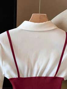 GlowEve Contrast Color 2 In 1 Casual Button Collar Long Sleeve Top - Burgundy - View 5