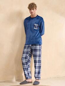 SHEIN Plaid Crew Neck Long Sleeve Fleece Pajama Set For Men - Blue - View 4