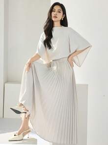 Heiryn 女士优雅通勤纯色荷叶袖松紧腰褶裥连衣裙 - 白色 - 查看 5