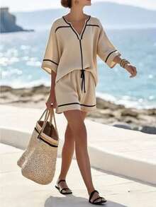 EMERY ROSE Women's Elegant Fashion Commuter Casual V-Neck Contrast Trim Loose T-Shirt + Shorts 2 Pieces Set - Apricot - View 2