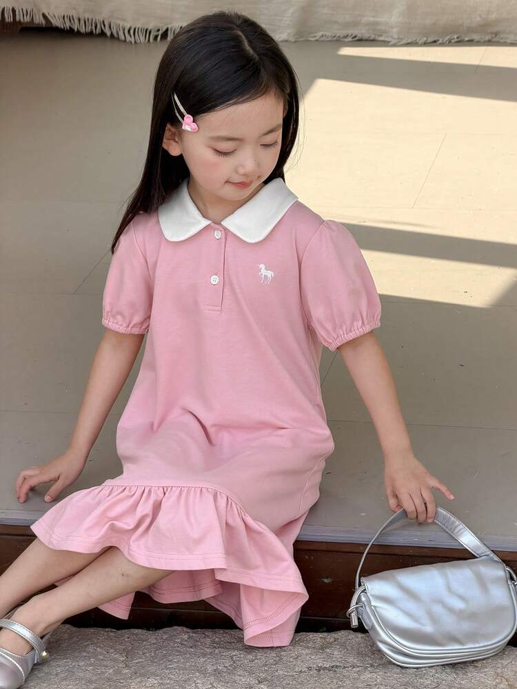 Young Girl Summer Casual Commuting Unicorn Embroidery Contrast Color Polo Collar Puff Sleeve Ruffle Hem Loose Dress