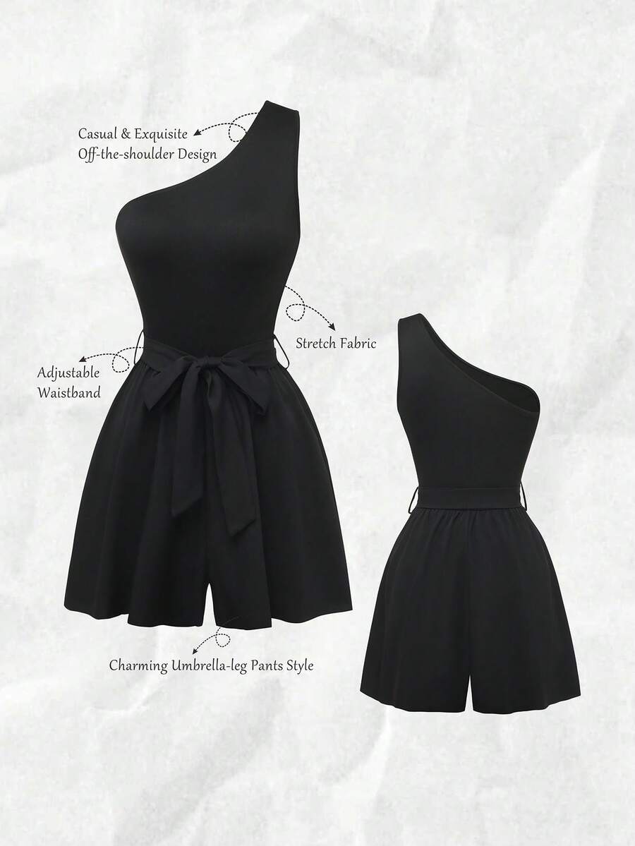 Olithes Women's Plain Black Casual Jumpsuit Sleeveless Short With Asymmetrical Neck And Adjustable Belt Curve Romper Romper Black Romper Women Black One Shoulder Romper - Black - View 1