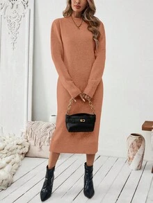 SHEIN LUNE Women's Pink Straight Simple Versatile Sweater Dress Autumn Dress Turtle Neck Dress Long Sleeve Midi Dress Casual Midi Dress - Pink - View 4