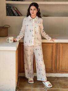 DAZY Tween Girl Cartoon Print Long Sleeve Top And Pants Pajama Set - Apricot - View 1