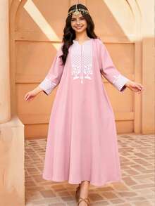 Teen Girl Casual Vacation Retro Print V-Neck Flare Long Sleeve Robe Robe, Pink - Pink - View 3