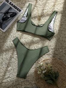 Swim Chiccia Swim Chic Sea-D Women Solid U-Neck Cutout Back Tankini Two Pieces Swimsuit - Army Green - View 4
