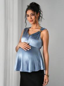 Momance Elegant Metal Buckle Design Slim Fit V-Neck Sleeveless Maternity Top - Blue - View 4