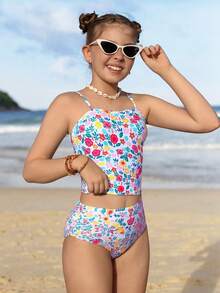 少女两件套比基尼泳衣，可爱针织向日葵多色印花，时尚保守泳装，适合海滩、游泳、度假、夏季穿着 - 彩色 - 查看 1