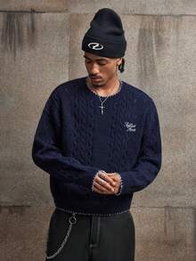 AXEPEAK 男士秋冬字母刺绣麻花针织落肩毛衣