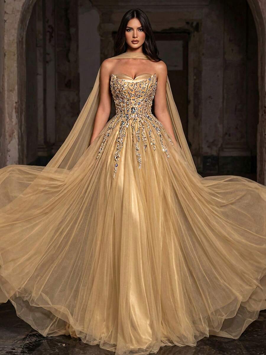 Glamrae Đầm maxi trễ vai tay dài, sang trọng, đính ngọc trai và sequin, phối họa tiết hoa, chất liệu lưới tương phản, dáng xòe rộng, thích hợp cho đám cưới, tiệc tùng, kỳ nghỉ, dạ hội và các dịp trang trọng (được trang trí cầu kỳ). - Rượu sâm banh - Xem 1