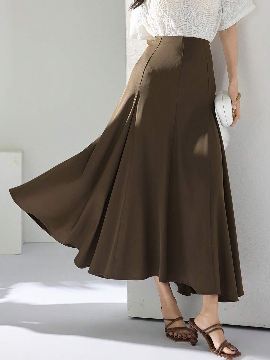 Heiryn 新款不对称下摆A字裙，百搭优雅，适合日常穿着和通勤。 - 棕色 - 查看 1