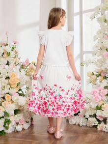 SHEIN 2pcs/Set Girls Cute Summer White Milk Silk Floral Print Round Neck Flutter Sleeve Top And Butterfly Elastic Waist Skirt,Tea Party Vacation Outfit - White - View 2