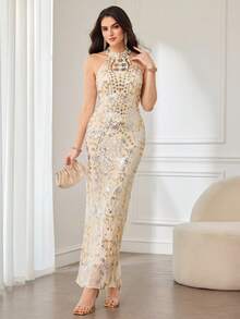 Modelyn Elegant Sequin Embroidered Luxury Women's Dress, Slimming - Apricot - View 4