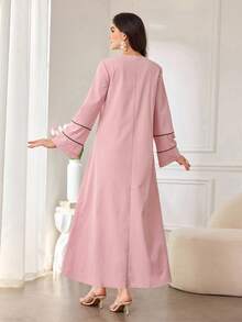 Al Najma Women's New Fashionable Casual Elegant Daily Wear Textured Fabric Splicing Contrast Waistband Loose Comfortable Arabic Style Dress - Pink - View 2