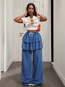 Slaydiva Pantalones vaqueros anchos casuales de 2 en 1 con volantes y lazo de unicolor - Azul lavado medio - Ver 5