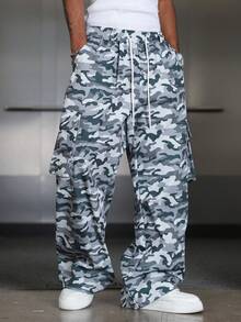 Manfinity EMRG Pantalones anchos de pierna ancha con estampado de camuflaje y cordón en la cintura para hombres - Multicolor - Ver 4