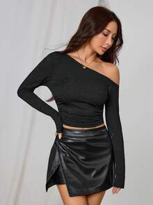 SHEIN PETITE Women's New Oblique Shoulder Ruched Long Sleeve Glitter Fitted Fashion T-Shirt Black Off Shoulder Top - Black - View 6
