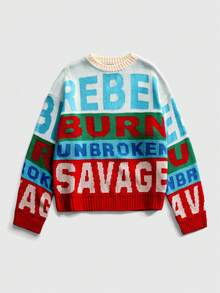 ROMWE MEN Street Life Men's Casual Colorblock Letter Pattern Knit Sweater, Autumn/Winter - Multicolor - View 1