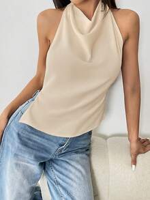 Flirla Sleeveless Backless Solid Color Elegant Summer Tank Top - Apricot - View 4