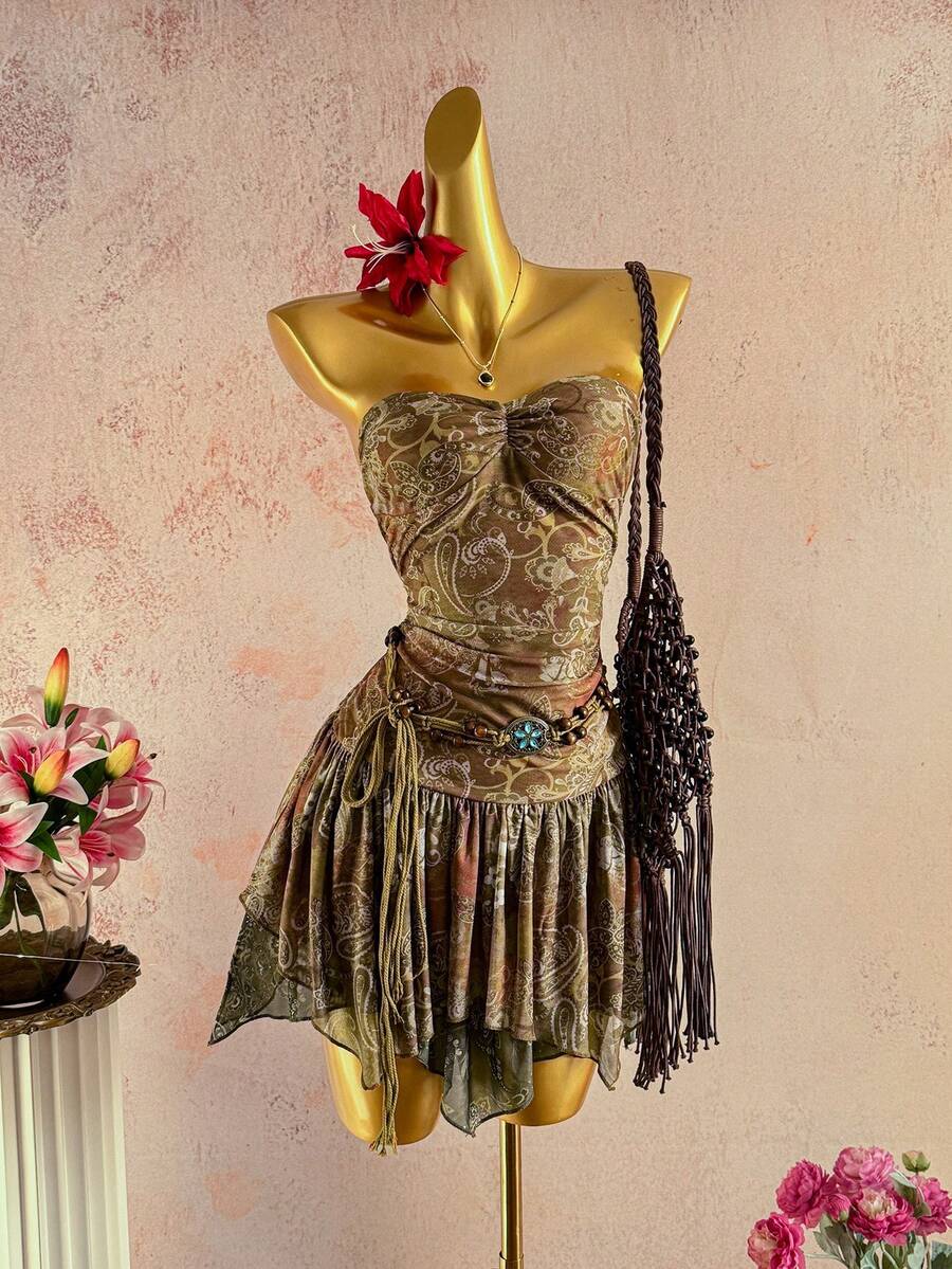 Elamini Đầm ôm sát hở lưng họa tiết hoa Paisley hạt điều dành cho nữ, viền bèo nhún bất đối xứng, kiểu dáng boho gợi cảm cho kỳ nghỉ hè. - màu nâu - Xem 1