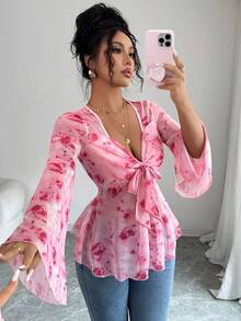 Elenzga 新款女式花卉印花透明喇叭袖 T 恤，正面蝴蝶结设计，优雅休闲度假上衣 - 粉色 - 查看 6
