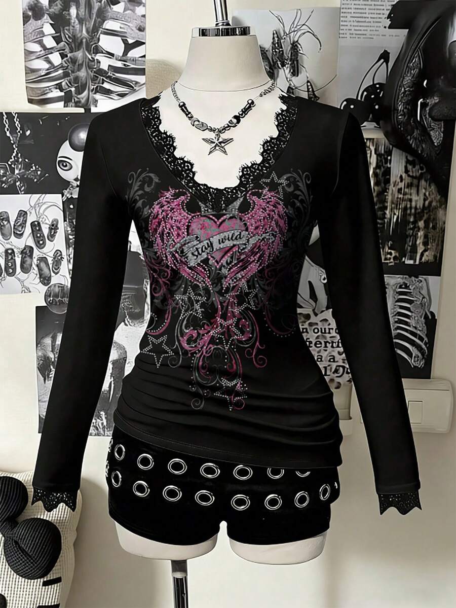 Attitoon Kaos Lengan Panjang Kasual dengan Leher V Dalam dan Hiasan Renda, Cocok untuk Musim Gugur/Dingin, Gaya Vintage, Y2K, Motif Hati untuk Musim Semi - Hitam - View 1