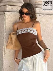 Siren Gaze 2025 Women's Spring/Summer New Design Lace Trim Camisole Top, Unique Minimalist Short Cropped Camisole Milkmaid Top Brown Top Lace Top Brown Lace Top Lace Cami Lace Trim Top Milkmaid Style Top Lace Cami Top Brown Camisole - Coffee Brown - View 5