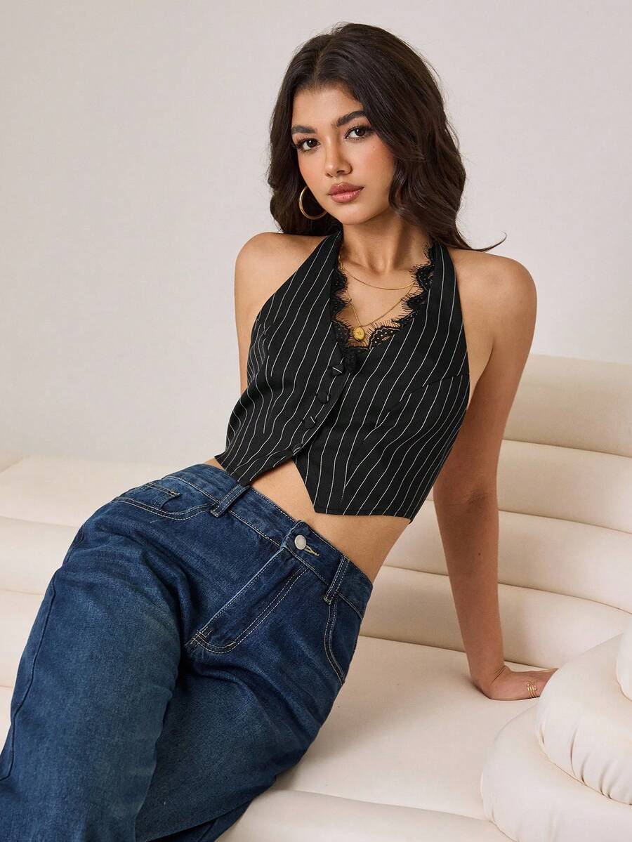 Aidyla 女士蕾丝边V领条纹背心 - 黑色 - 查看 1