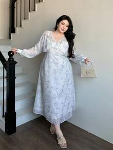 Dazy Plus Đầm maxi dáng rộng cho nữ cỡ lớn, họa tiết hoa nhí, cổ chữ V, tay phồng, thắt eo, kiểu dáng thanh lịch cho kỳ nghỉ, đầm mùa xuân/hè. - Màu xanh nhạt - Xem 5