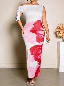 Cravure Spring/Summer Ombre Floral Placement Print Asymmetric Shoulder Bowknot Waist Fitted Long Dress, Elegant & Sophisticated, Suitable For Work, Casual Wear, And Special Occasions - Multicolor - View 7