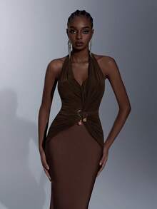 Elitara Elegant Brown Minimalist Halter Neck Twist Waist Metal Decor Sheer Long Sleeve Fishtail Dress, Suitable For Dates, Weddings, Events, Singles Parties, Formal Occasions - Rust Brown - View 7