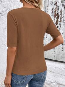 SHEIN Clasi Enfärgad V-ringad Casual Mångsidig Kortärmad Regular Stickad Topp - Kamel - Visa 2